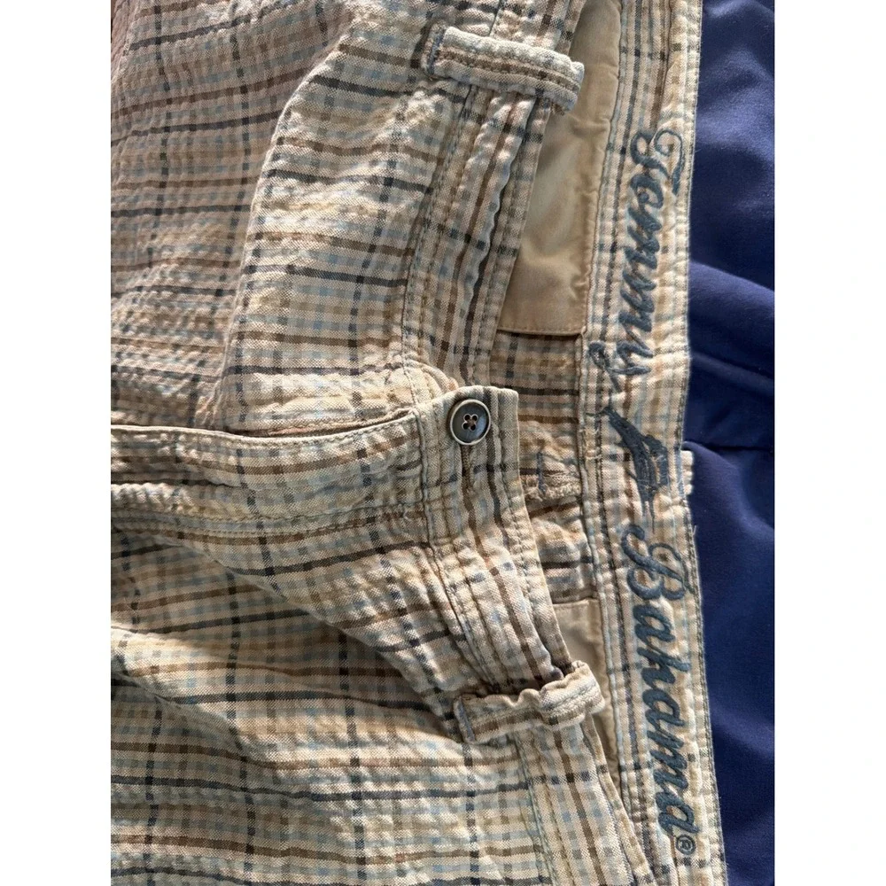 Tommy Bahama Plaid Shorts Men 38 Tan Blue Cotton Casual Summer Flat Front